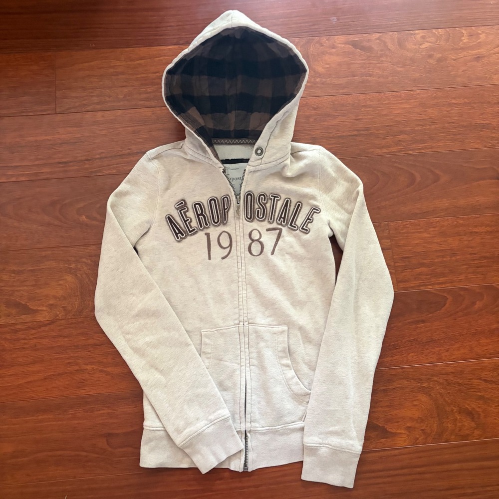 Aeropostale Womens Hoodie XXS Cream Full Zip Plaid Lined Logo Y2K Preppy 1987